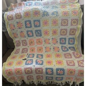 Vintage Hand Crocheted Granny Square Afghan  Baby Pastel 60x37 In